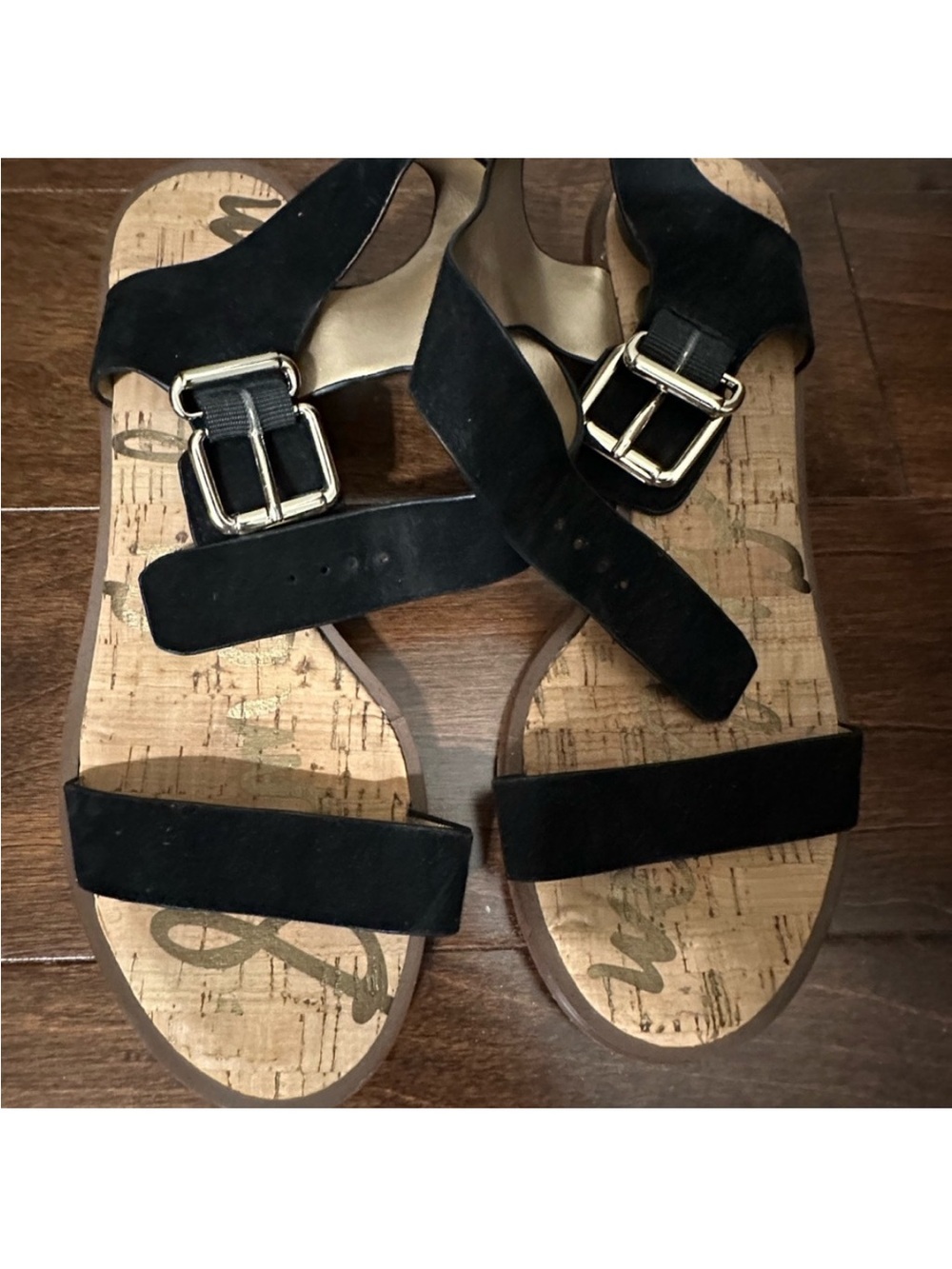 Sam Edelman Black Suede Strappy Sandals with Gold Buckles